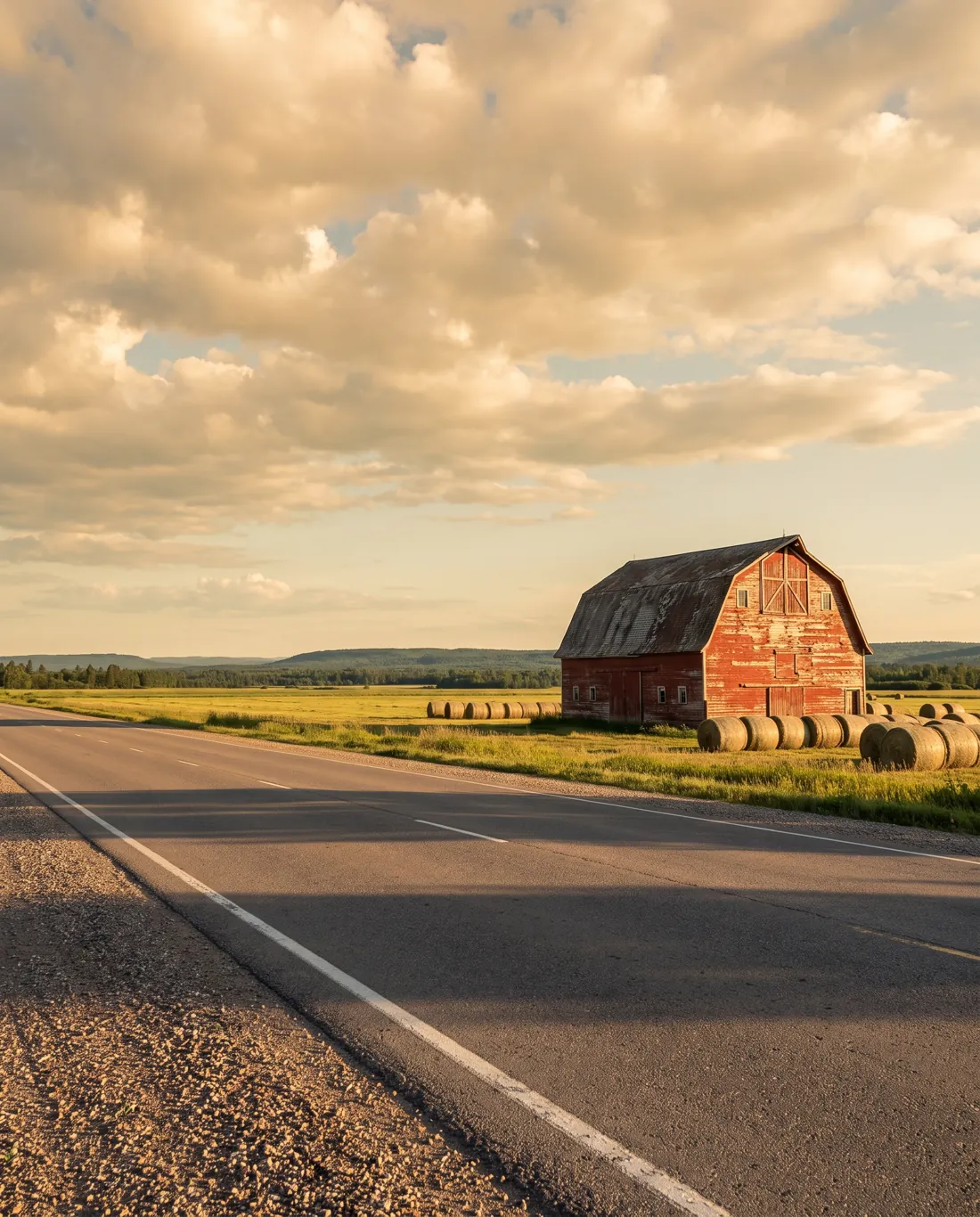 Red barn and hay bales beside Highway 17 in Laird Township