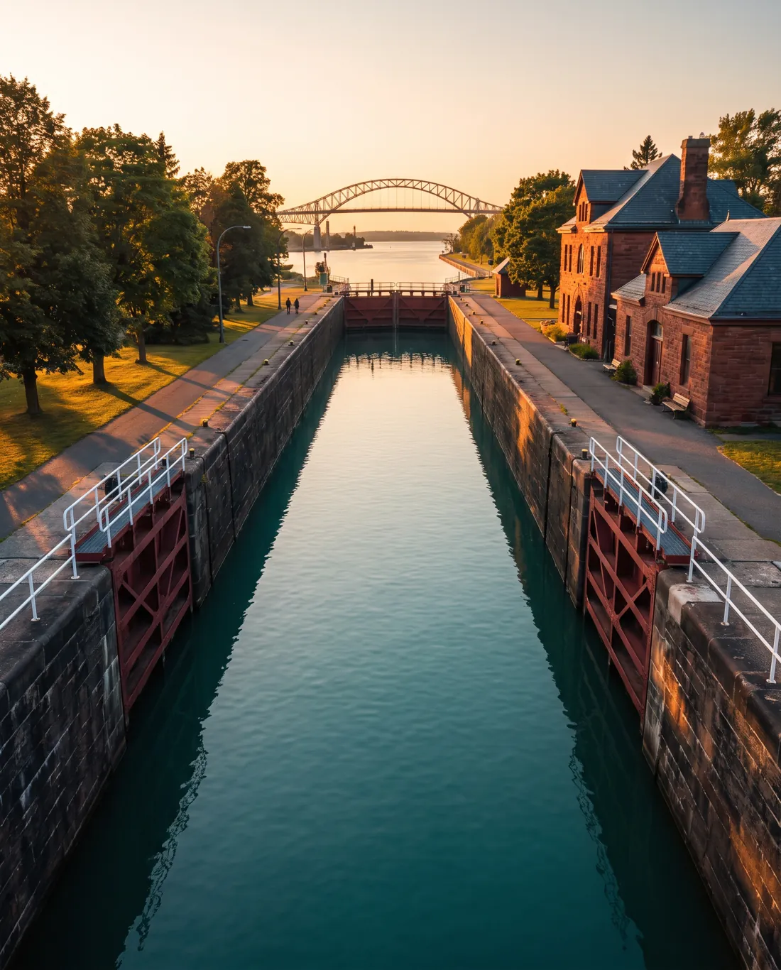 The historic Sault Ste. Marie Canal lock with the International Bridge at golden hour