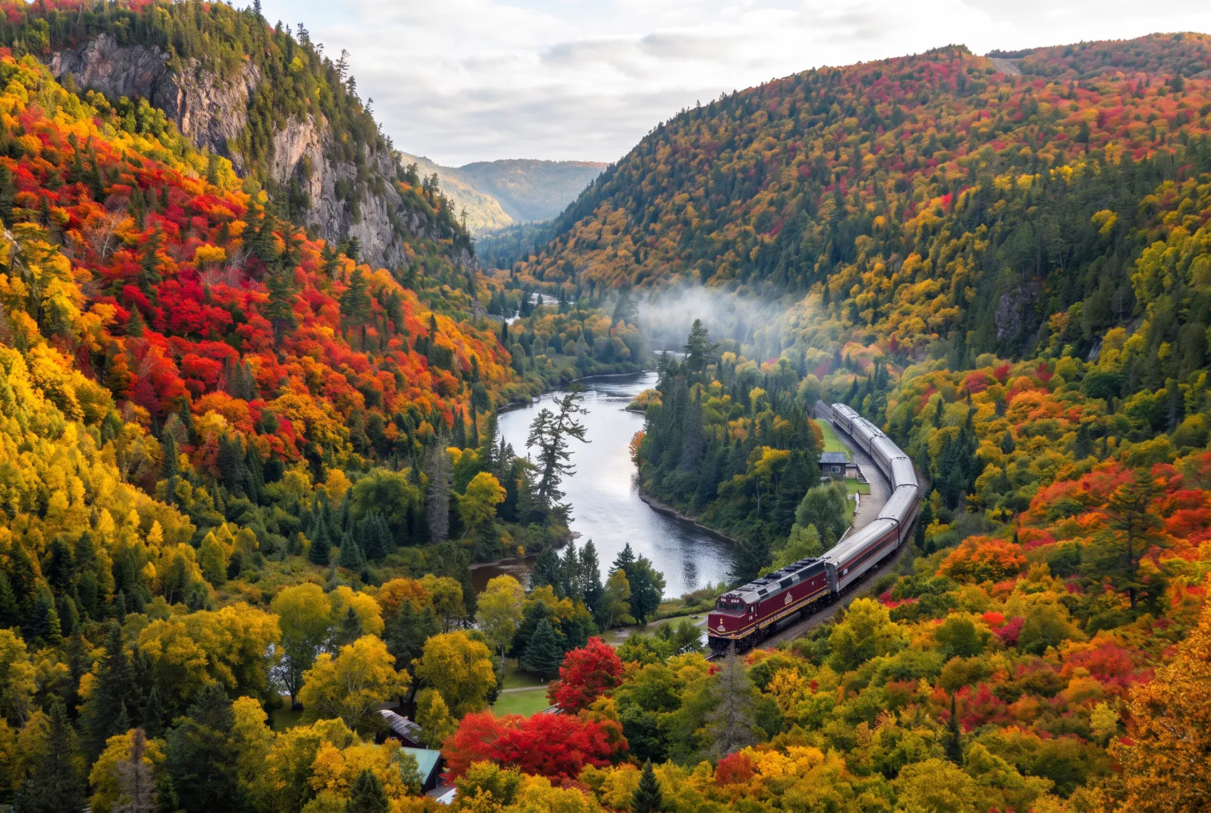 Agawa Canyon in peak fall colour with the tour train on the canyon floor