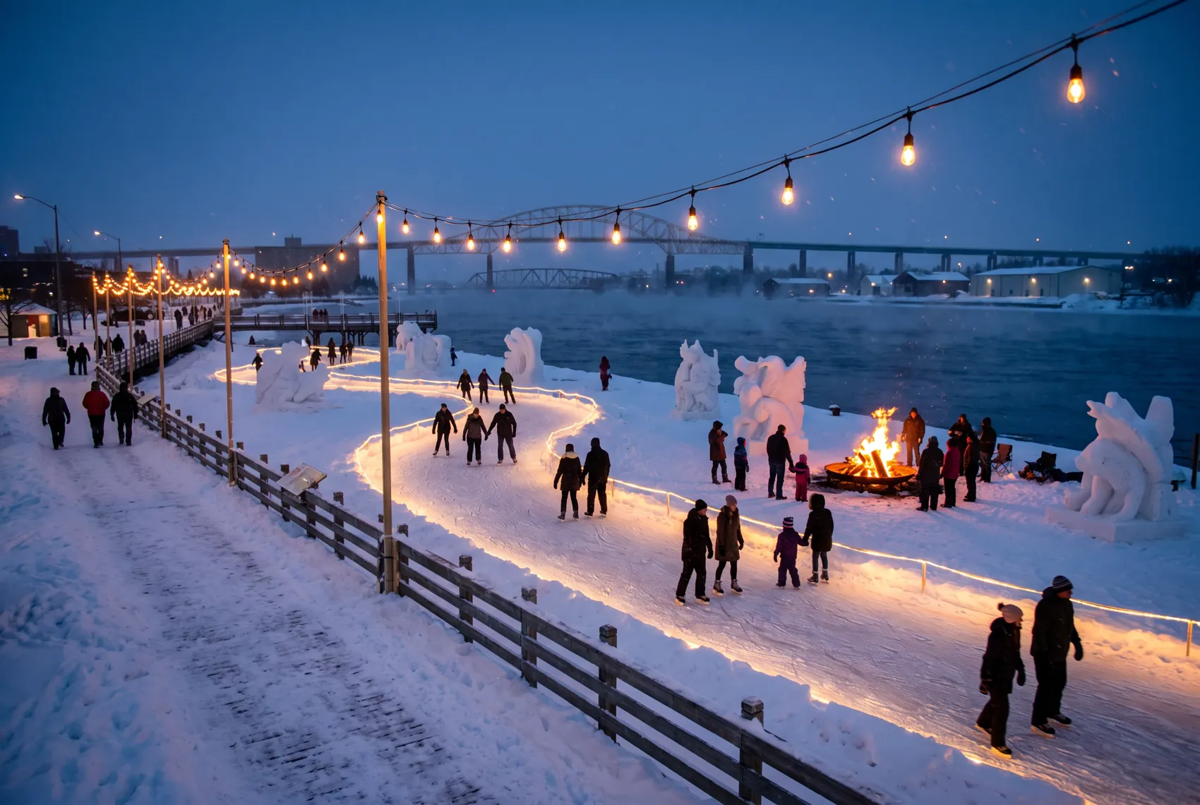 Winter carnival skating trail and bonfire on the Sault waterfront