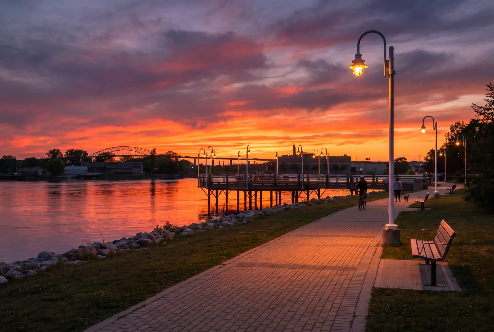 The Hub Trail along the St. Marys River at sunset