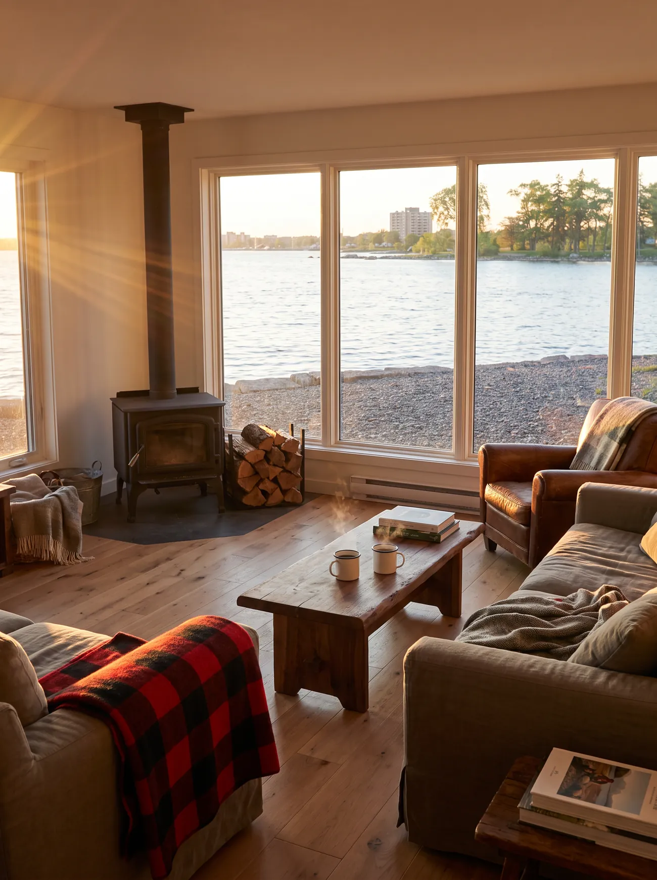 Warm living room overlooking the St. Marys River