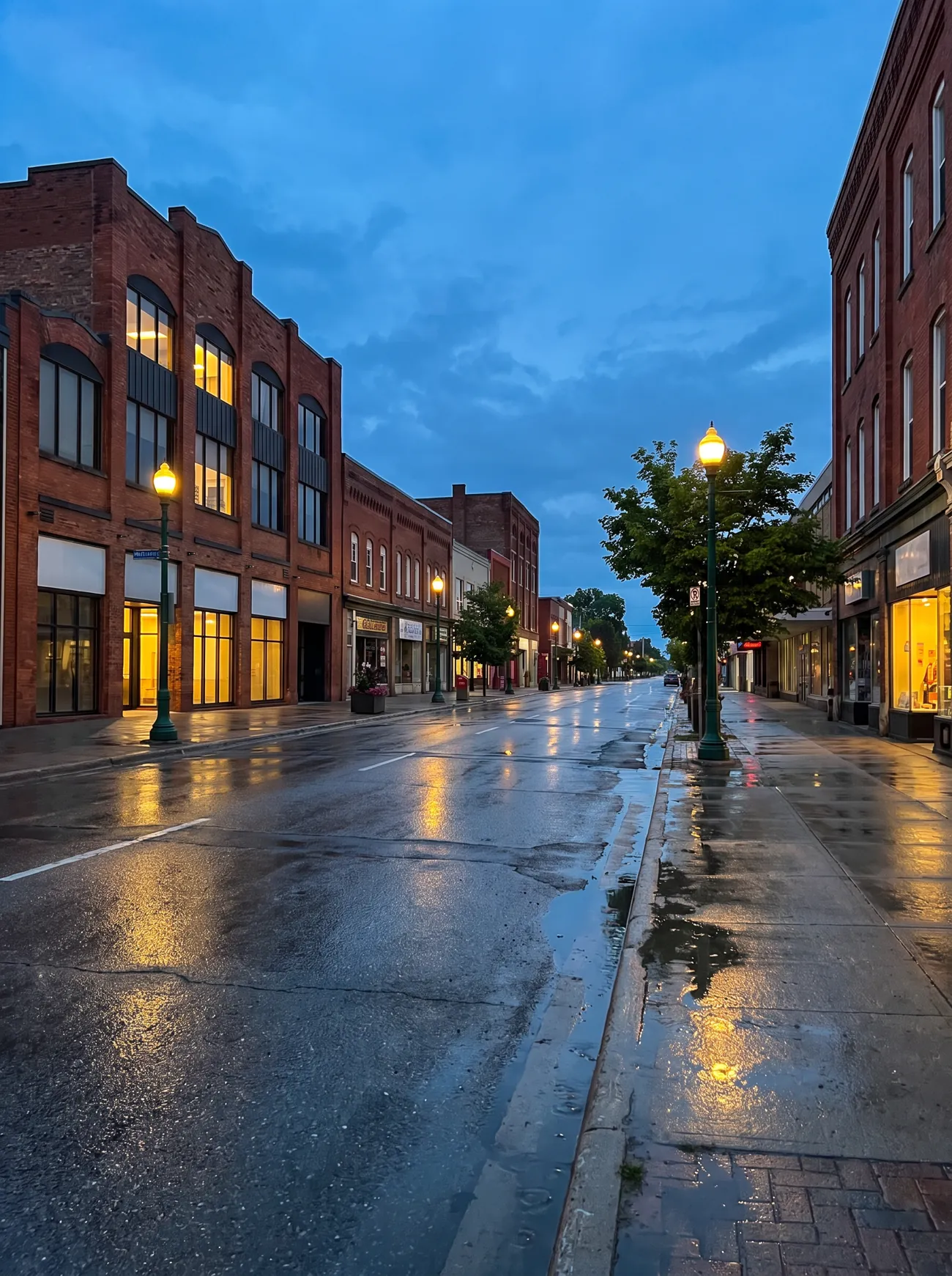 Historic red-brick blocks on Queen Street East, downtown Sault Ste. Marie, at blue hour