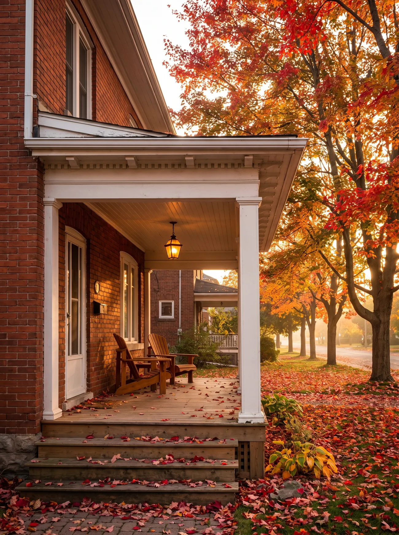 Red brick home with a covered porch on a maple-lined Sault street in fall