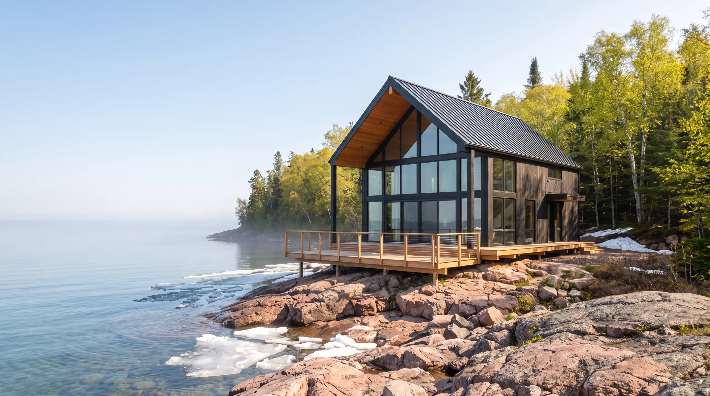 The same lakefront home in spring with ice floating near shore