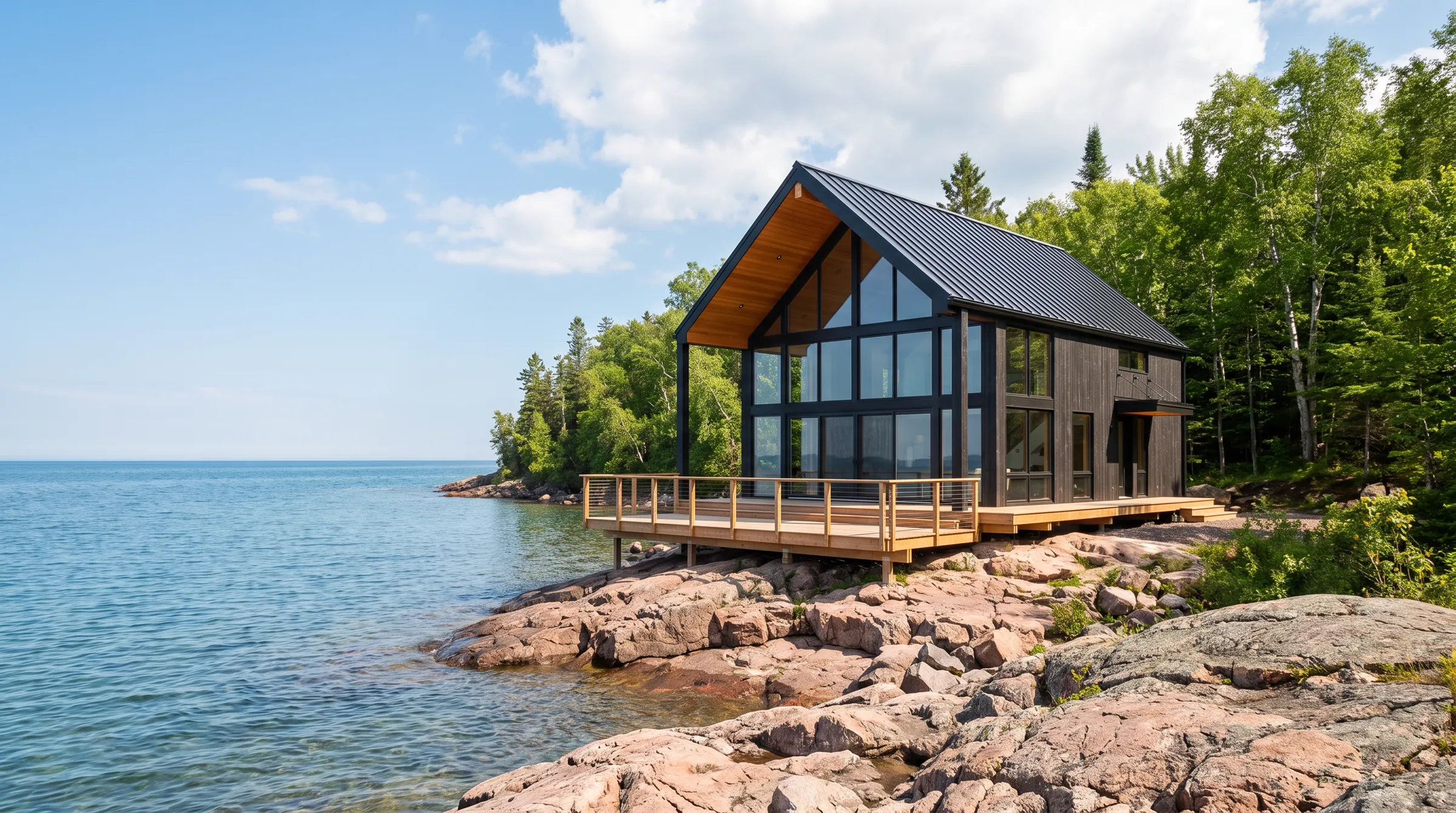 Modern lakefront home on Lake Superior in summer