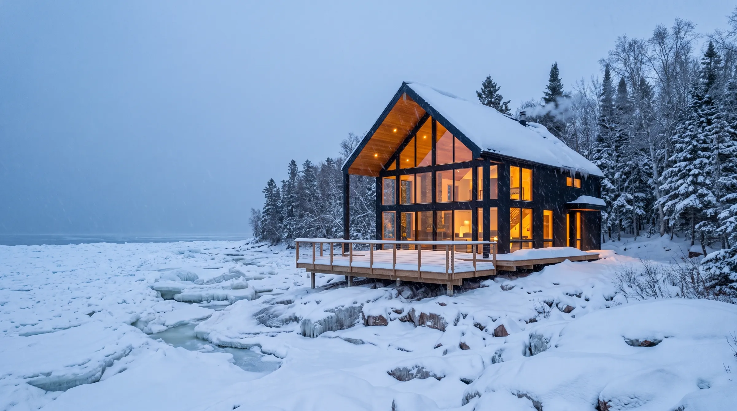The same lakefront home in deep winter with a frozen lake