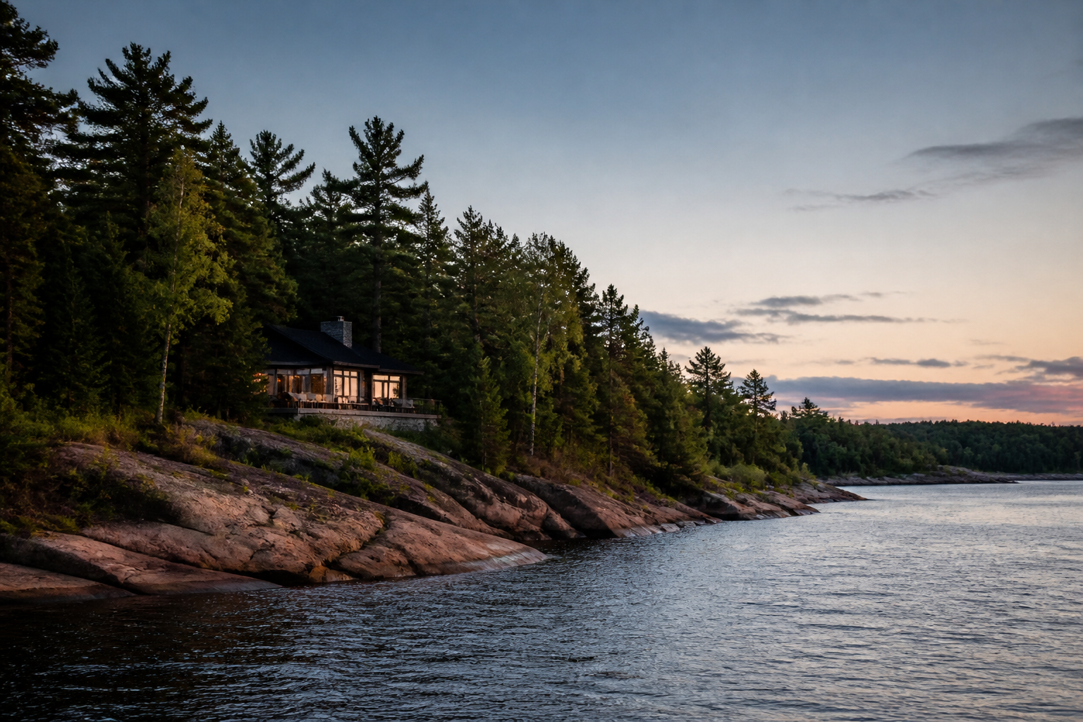 Northern Ontario rocky shoreline and waterfront home at dusk