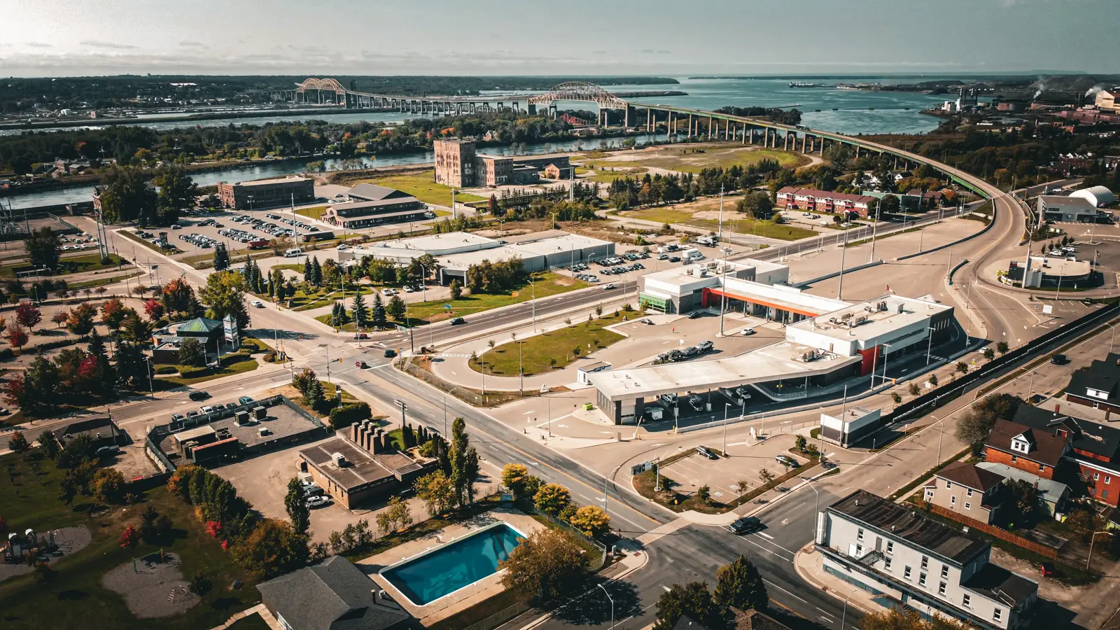 Sault Ste. Marie waterfront and bridge