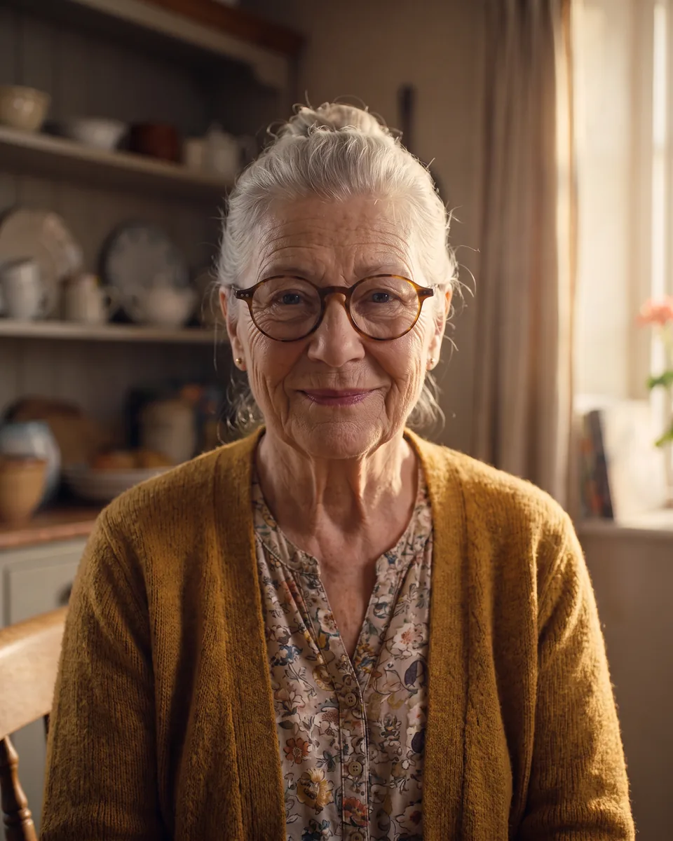 Margaret looking into the camera in a calm, steady frame: a message made with AI from her own photos and voice.