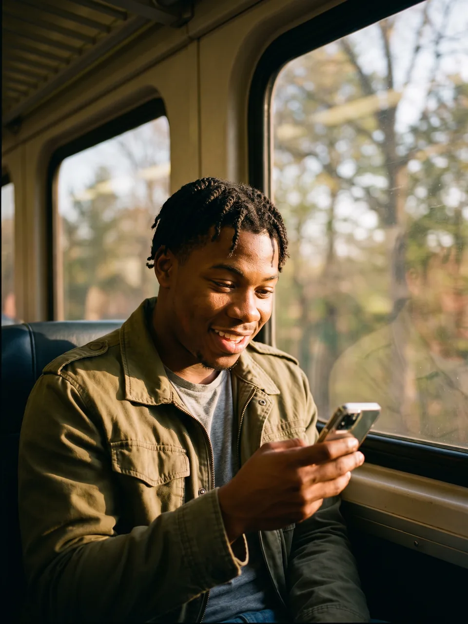 Sam on a train at golden hour, smiling at a message on his phone.