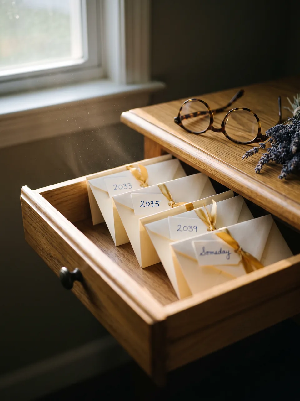 A desk drawer of envelopes tied with gold ribbon, tagged 2033, 2035, 2039 and Someday.