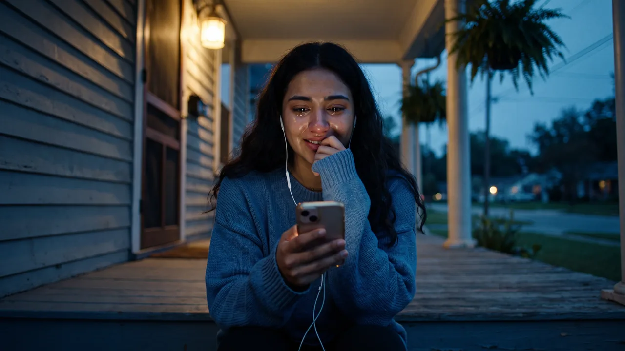 Ella, eighteen, laughing through tears on the porch steps.