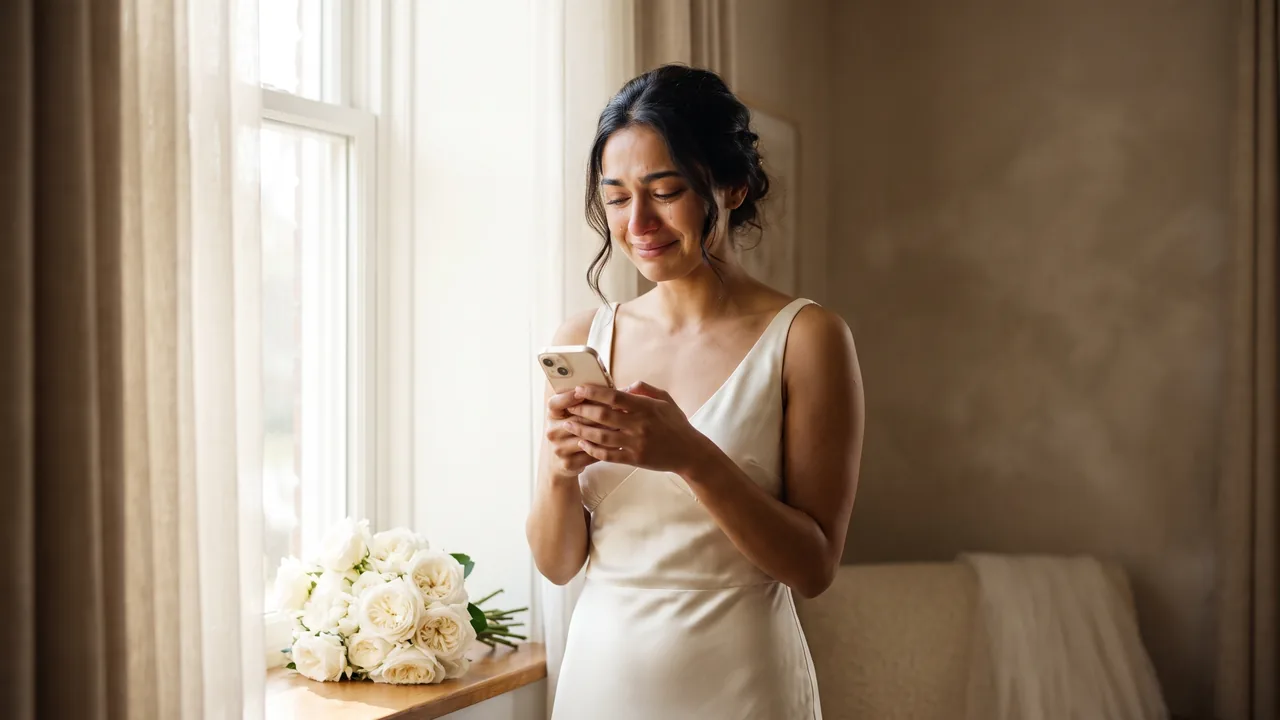 Ella on her wedding morning, holding her phone to her heart.