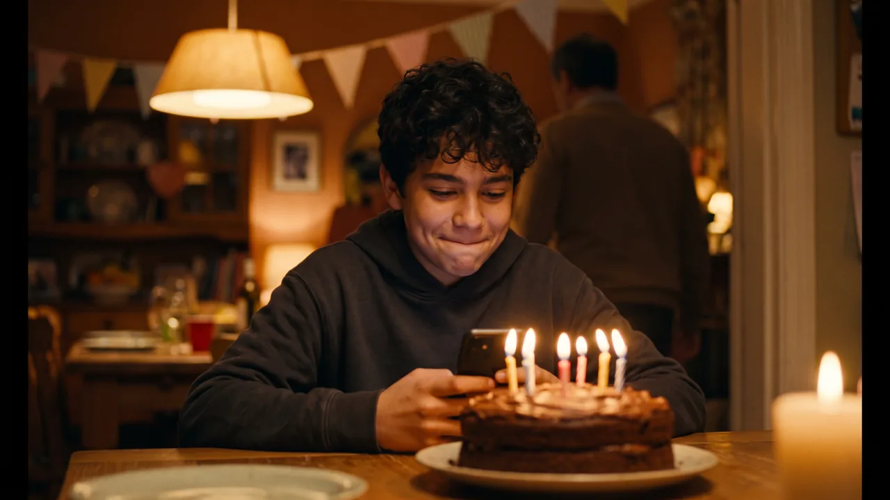 Noah, thirteen, grinning at his phone behind a birthday cake.