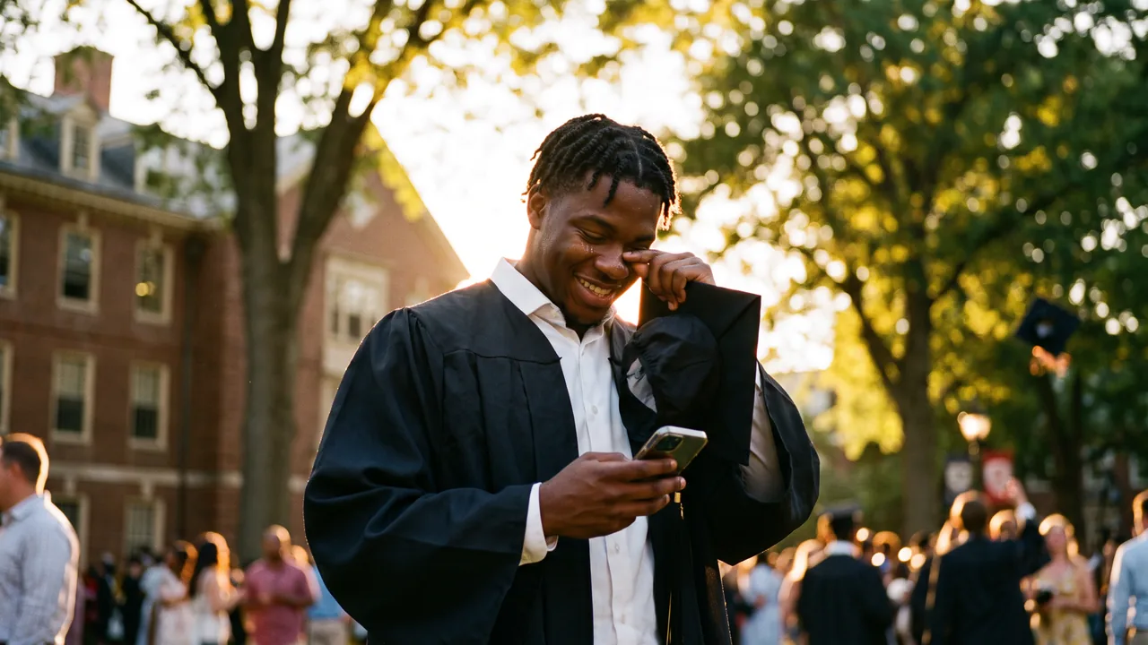 Sam in his graduation gown, smiling at his phone.