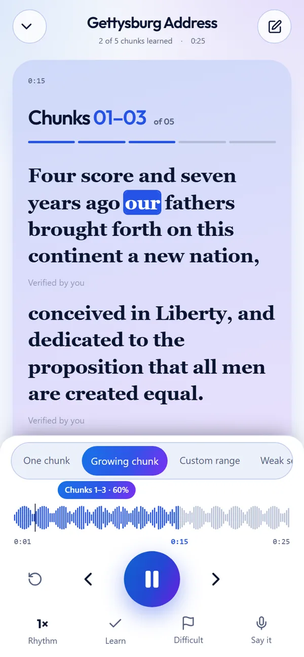 Practising the Gettysburg Address phrase by phrase, with the spoken word highlighted
